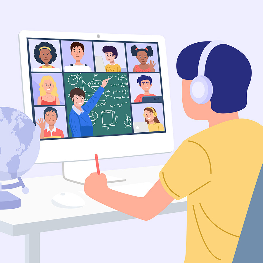 Home Education Concept. A boy learning with computer at home. Ve