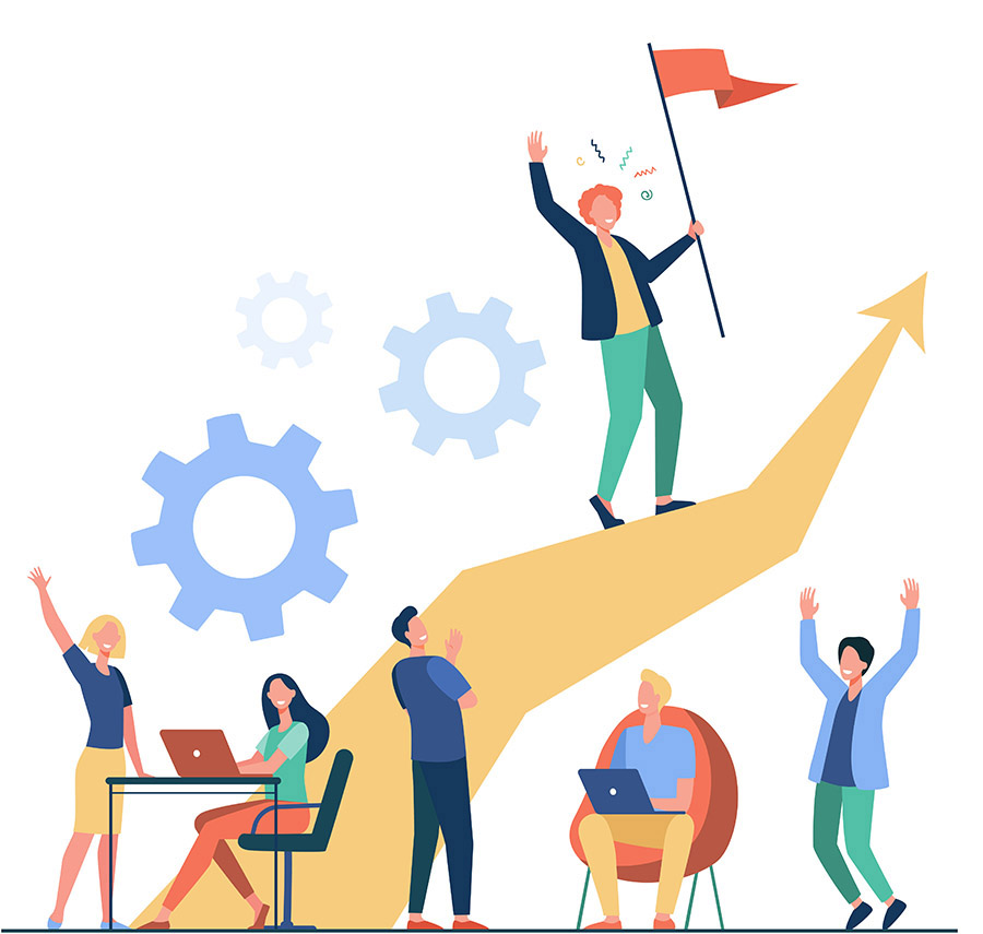Business leader standing on arrow and holding flag