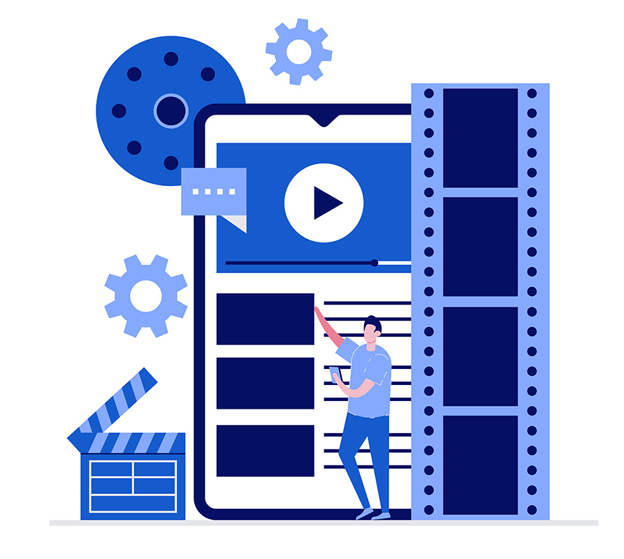 Mobile video production, editing and montage concept with charac