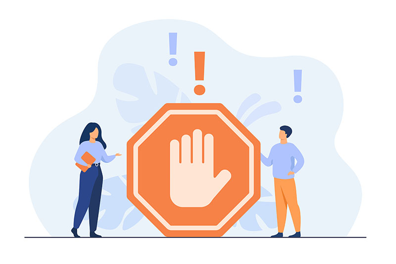 Tiny people standing near prohibited gesture