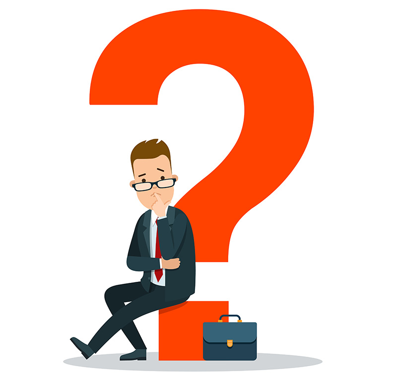 Flat young businessman sitting on huge red question mark vector illustration. Business task concept.